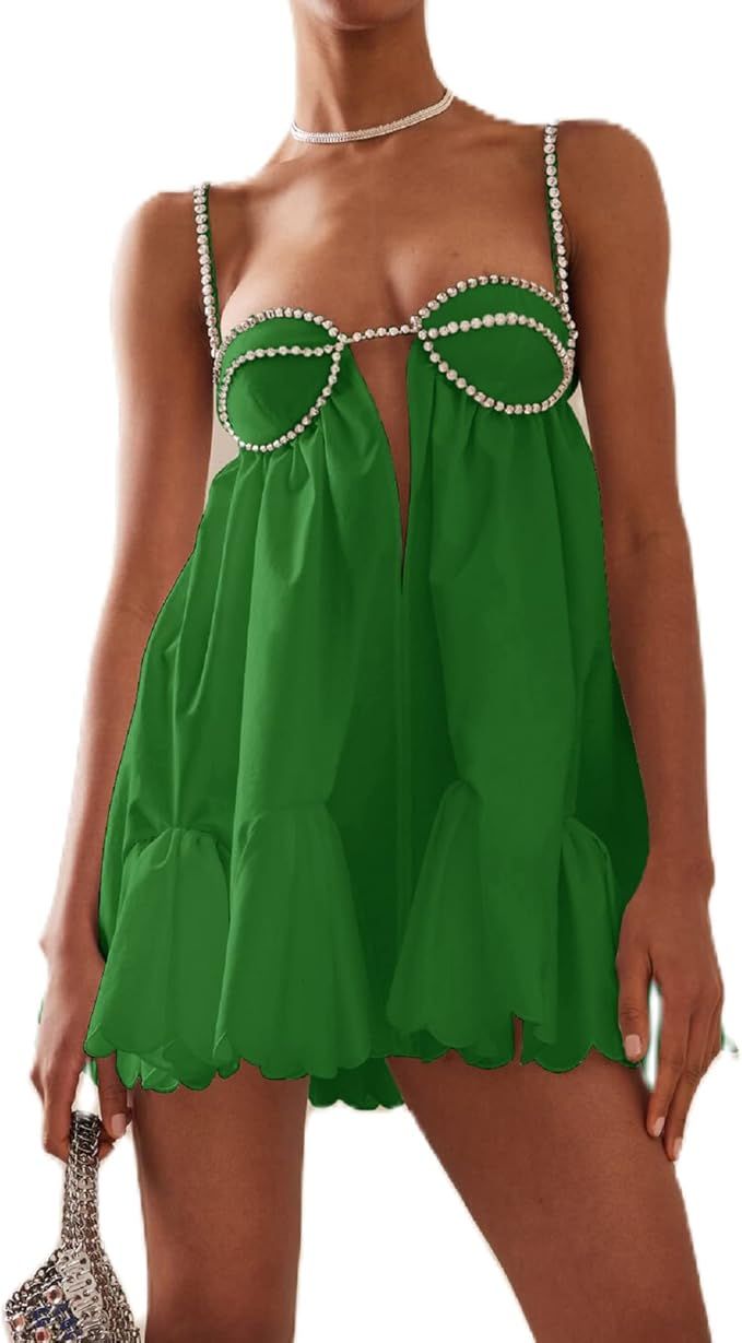 Argeousgor Women Y2k Rhinestone Short Dress Spaghetti Strap Going Out Mini Dress Low Cut Backless... | Amazon (US)