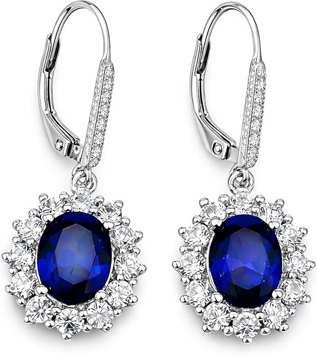 Amy & Annette Blue Sapphire Earrings - 18k White Gold Plated Leverback Drop and Dangle Halo Earri... | Amazon (US)