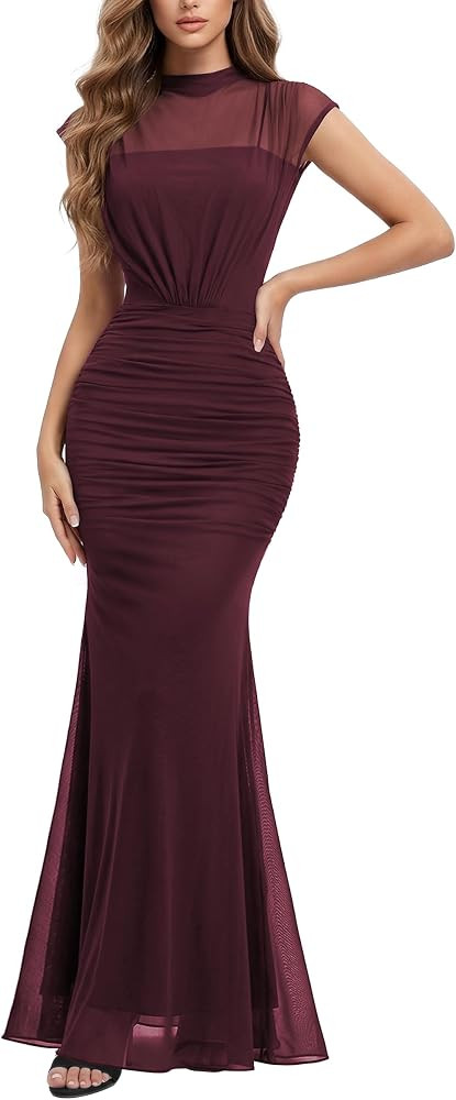 Miusol Women's Mock Neck Mesh Ruched Formal Evening Maxi Dress | Amazon (US)