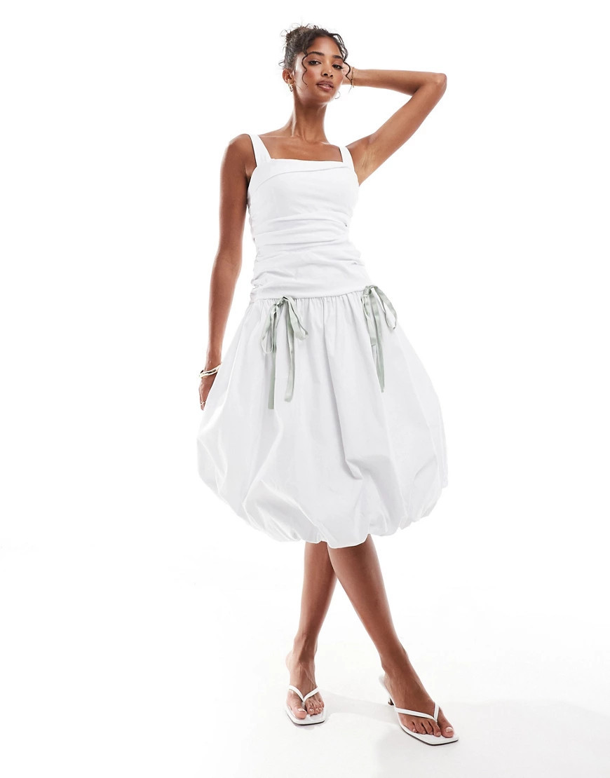 ASOS DESIGN ruched puff hem midi dress with green satin bow details in white | ASOS (Global)