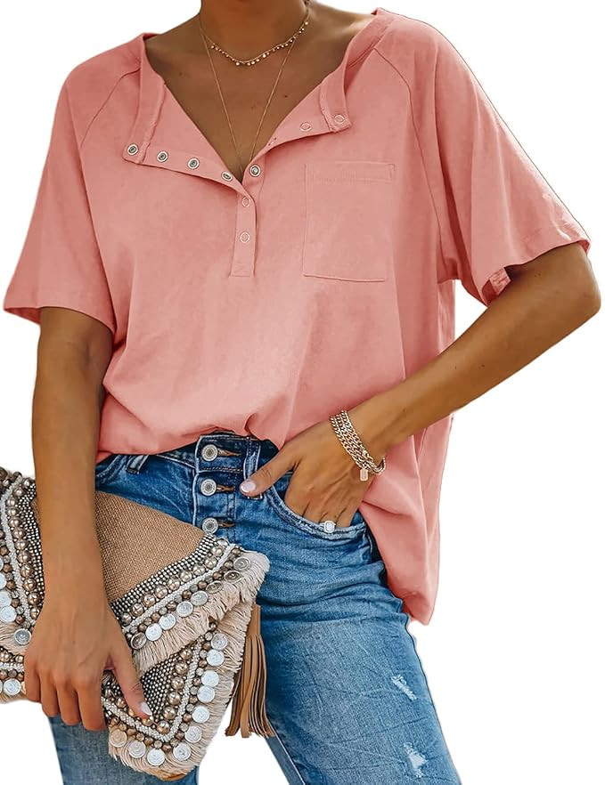Eurivicy Women's Short Sleeve Henley Tee Half Snap Button Down V Neck T Shirts Tops with Pocket | Amazon (US)