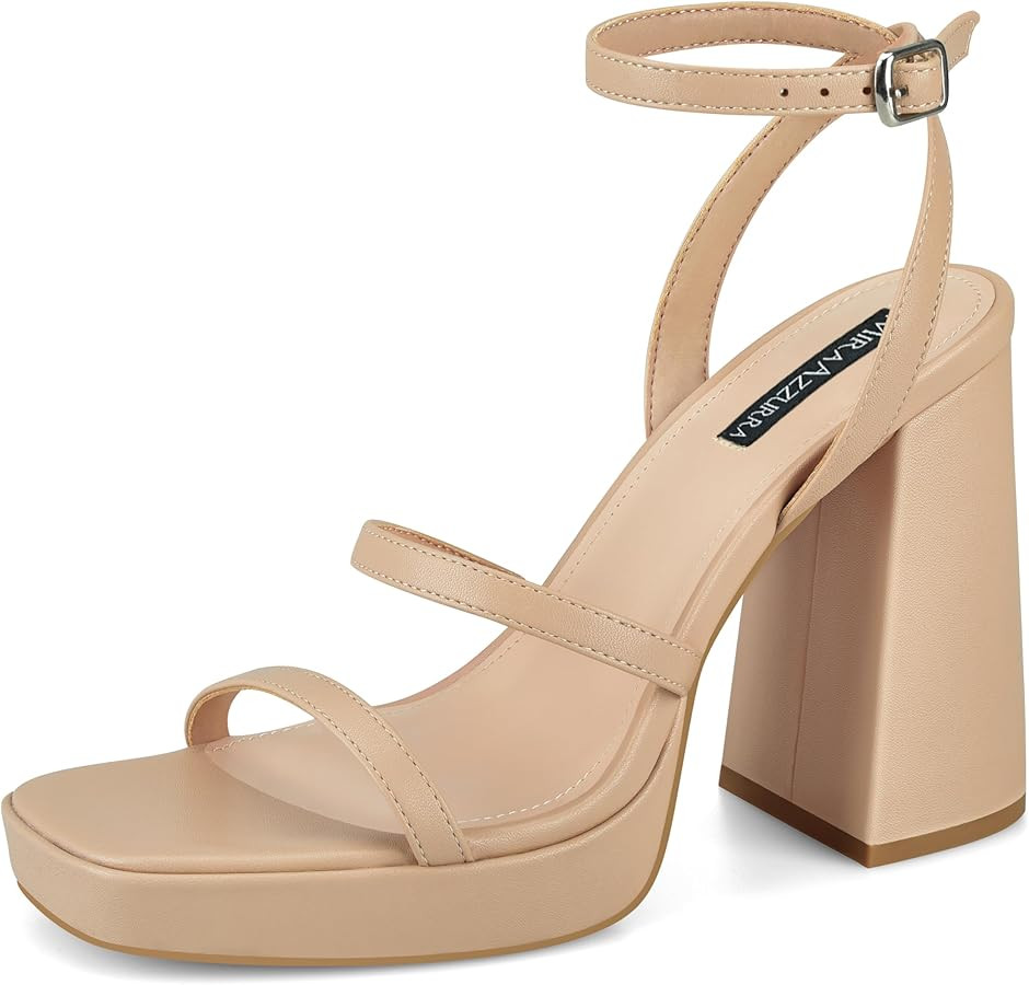 MIRAAZZURRA Platform Strappy Heel Sandals Square Open Toe Two Strap Chunky High Heeled Sandals wi... | Amazon (US)
