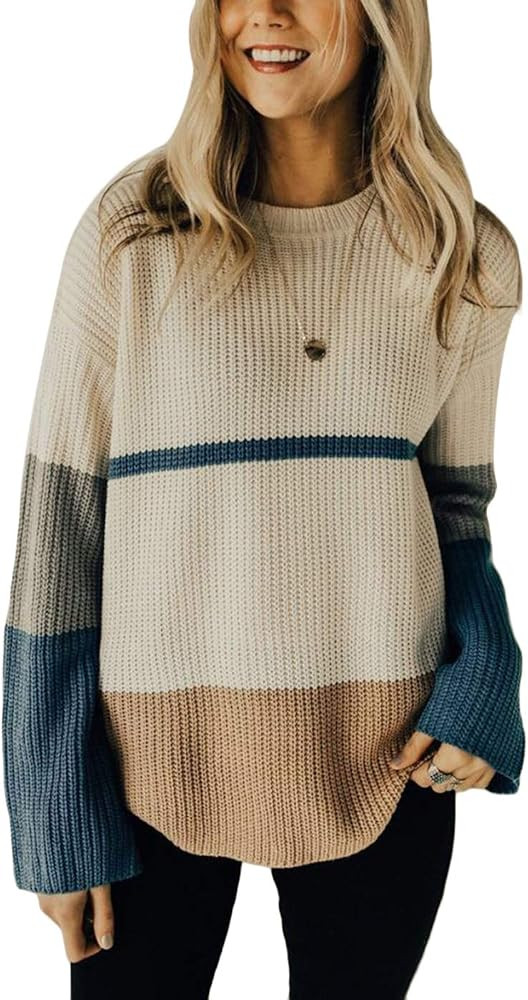Joyfunear Women's Casual Striped Color Patchwork Loose Long Sleeve Pullover Sweaters Jumper | Amazon (US)