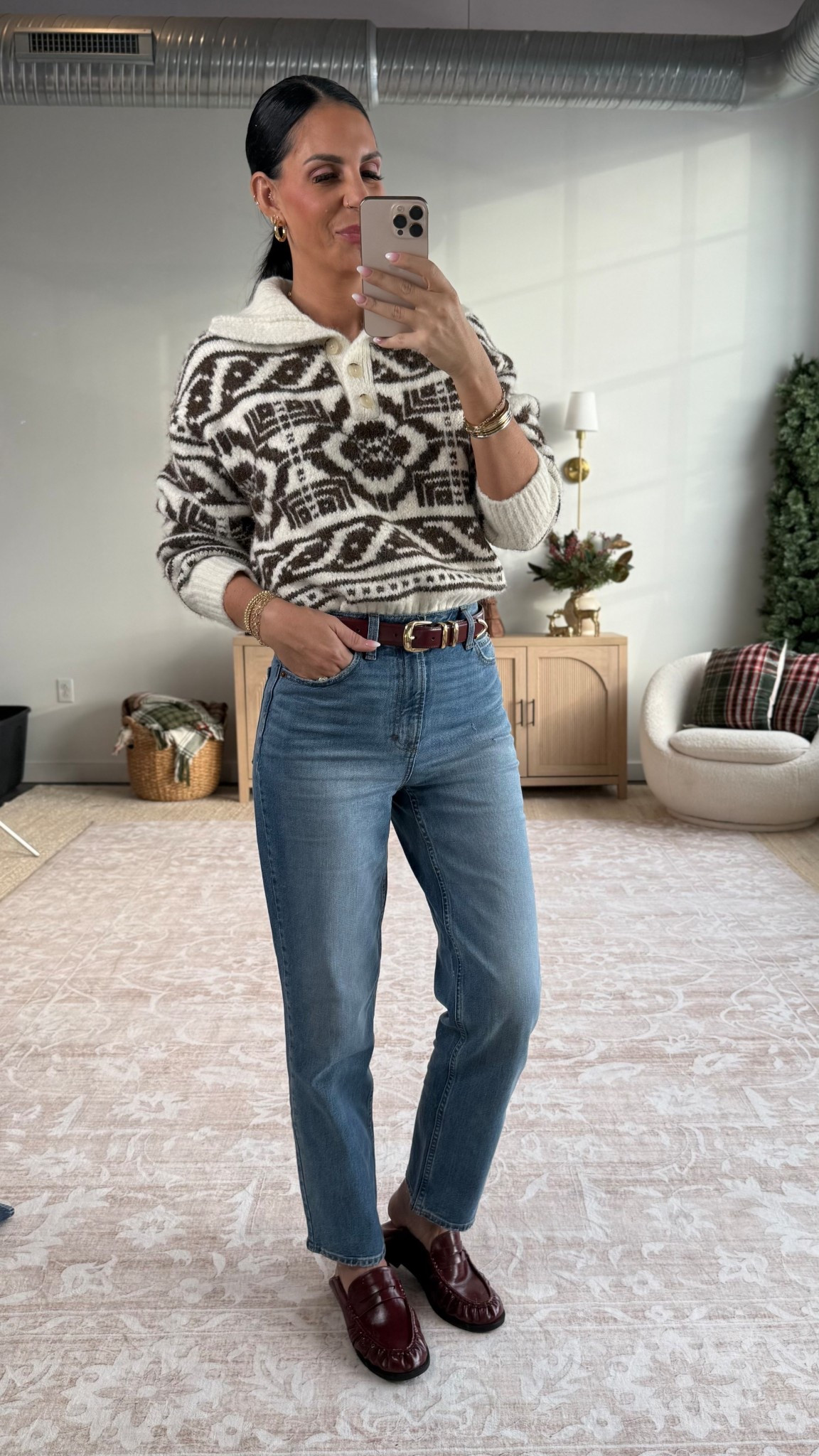 The Target AGolde look for less- I have both versions and they are fantastic!  Come in 3 lengths 
Wearing a size 2 - no stretch so size up if between 
Sweater- so soft and warm - medium 

#LTKOver40 #LTKU #LTKHoliday