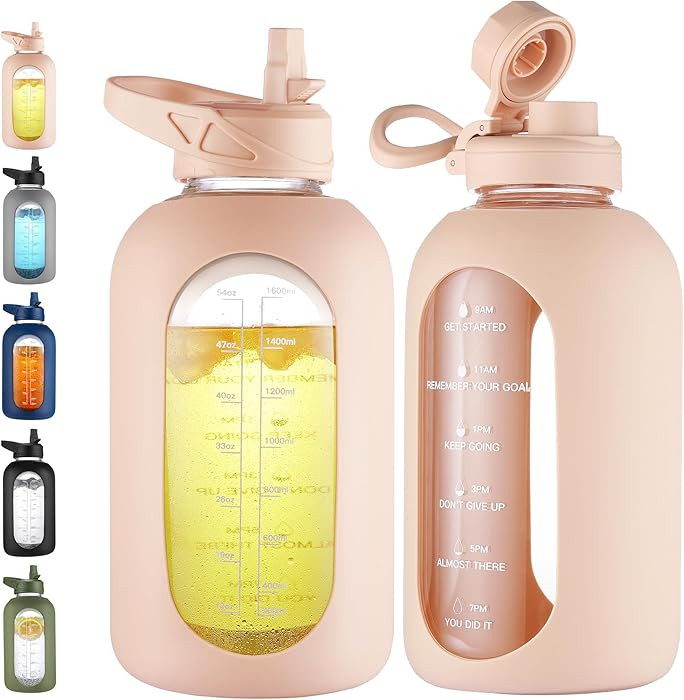 CIVAGO 64 oz Glass Water Bottle Jug with Straw and Handle, Half Gallon Sports Motivational Bottle... | Amazon (US)