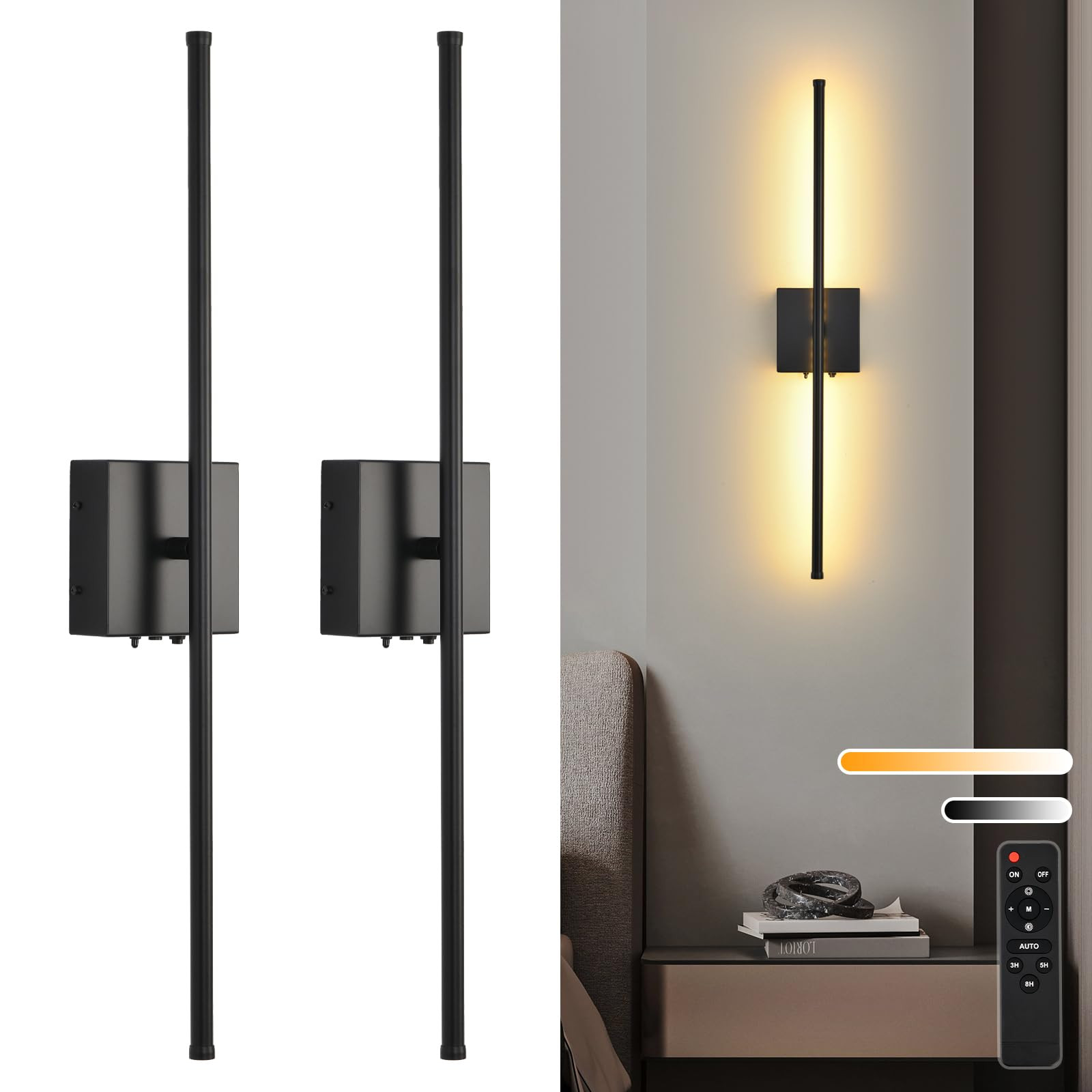 Battery Operated Wall Sconces with Remote Control, 11000mAh LED Wireless Rechargeable Black Wall ... | Amazon (US)