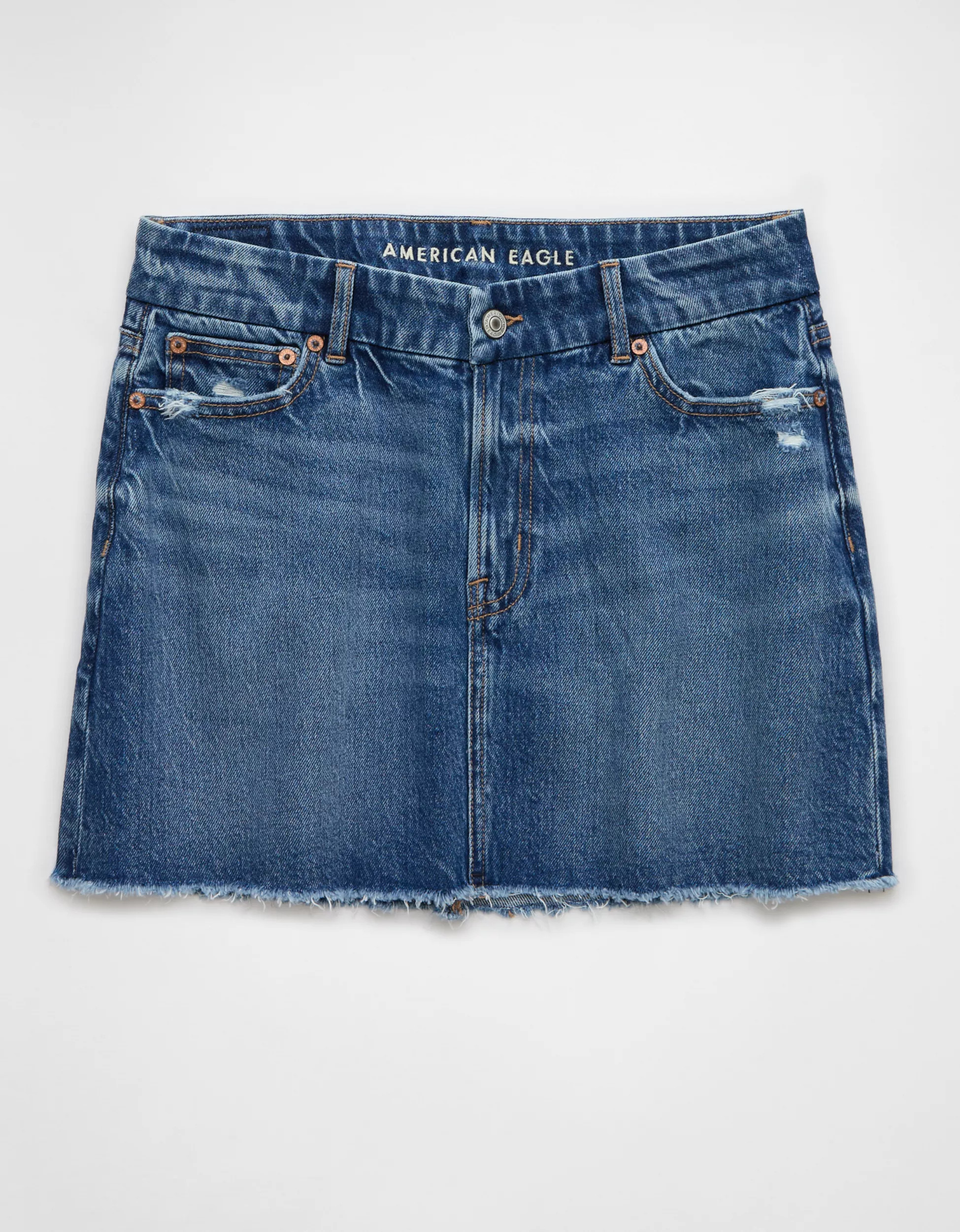 AE Stretch Curvy High-Waisted Perfect Denim Mini Skirt | American Eagle Outfitters (US & CA)