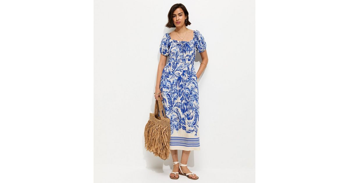 Blue Leaf Print Milkmaid Midi Dress | New Look | New Look (UK)