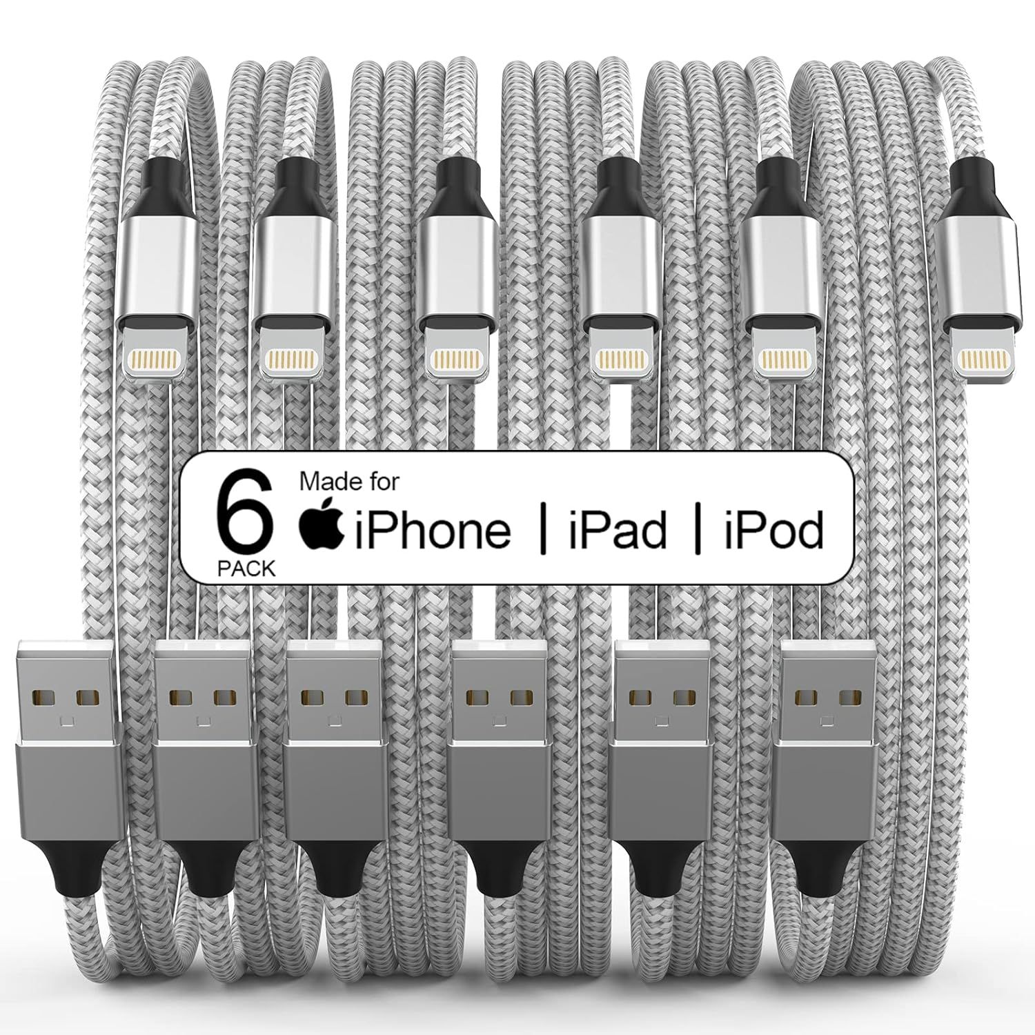 [Apple MFi Certified] 6Pack 3/3/6/6/6/10 FT iPhone Charger Long Lightning Cable Fast Charging Cor... | Amazon (US)