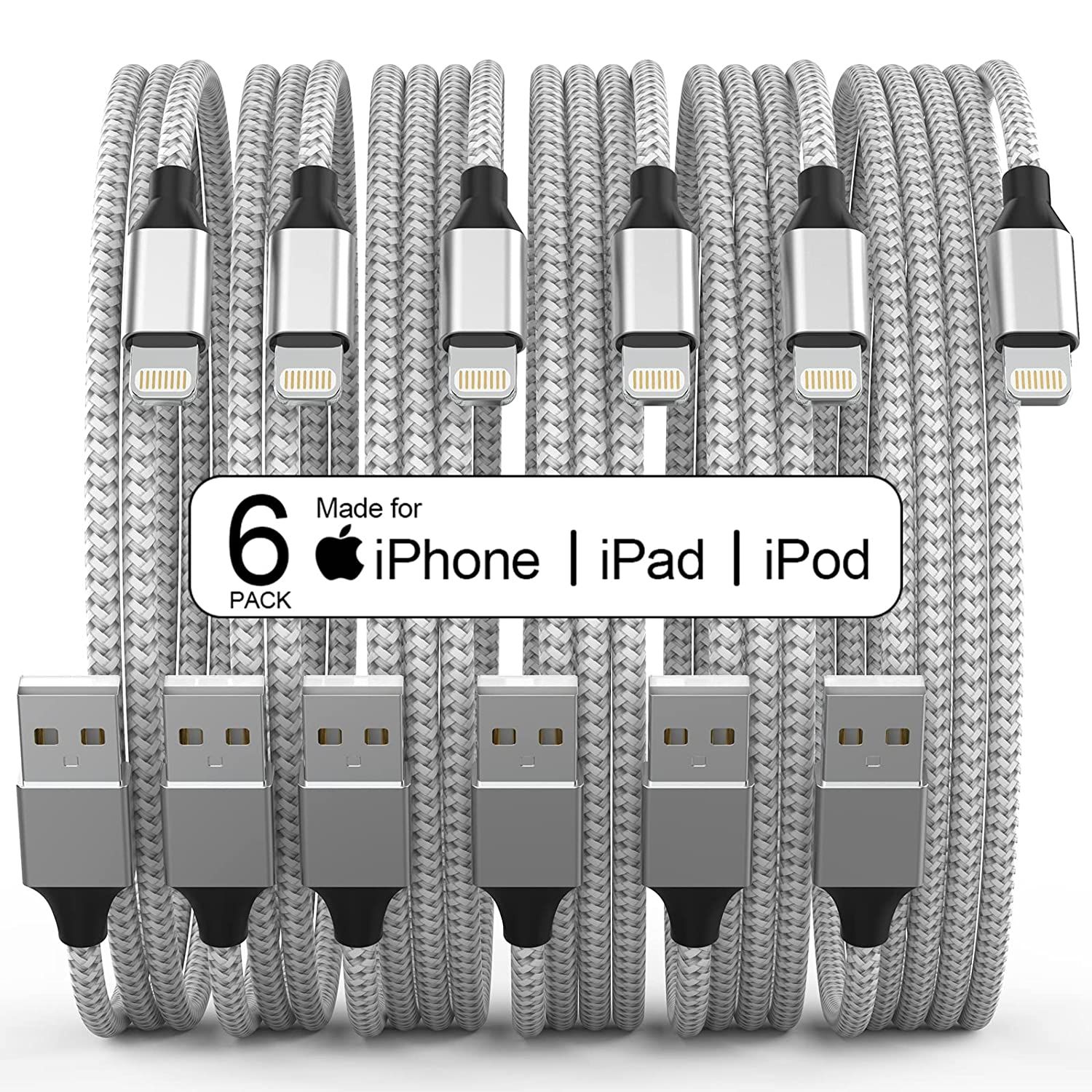 [Apple MFi Certified] 6Pack 3/3/6/6/6/10 FT iPhone Charger Long Lightning Cable Fast Charging Cor... | Amazon (US)