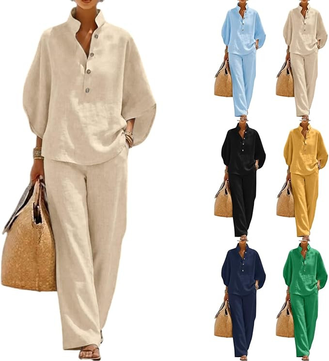 Women'S Batwing Sleeve Linen Cotton Two Piece Set Casual Shirt & Wide Leg Pants 2026 Summer Trend... | Amazon (US)