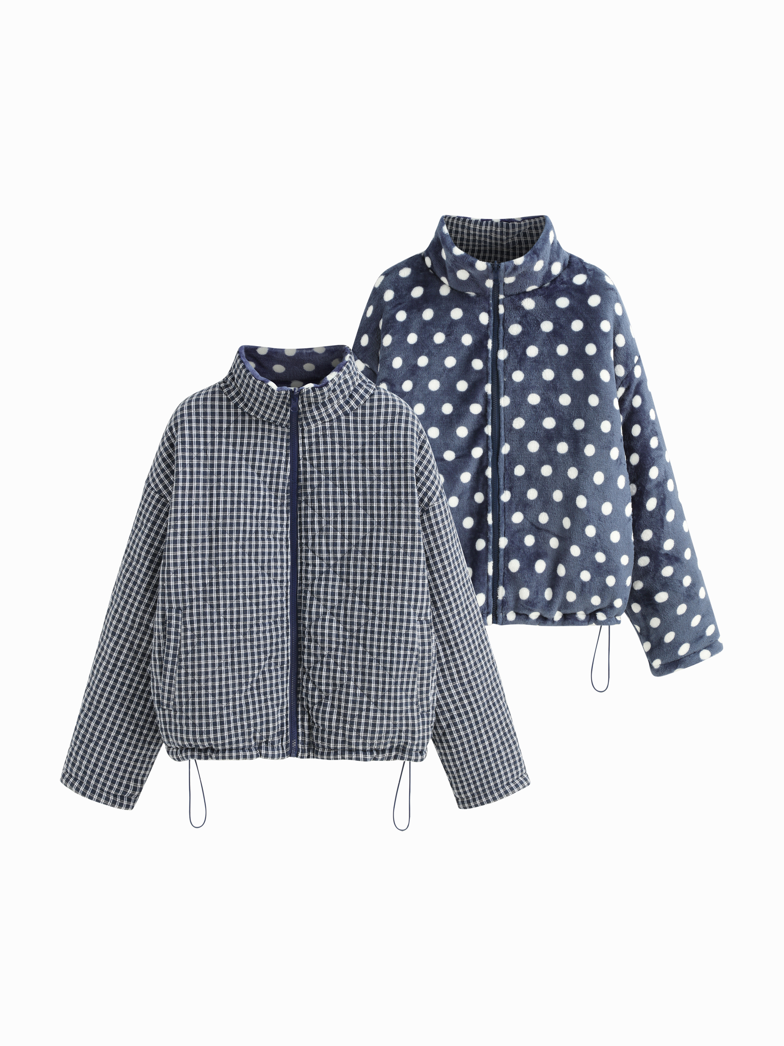 Woven Reversible Fleece Stand Collar Polka Dot & Plaid Oversized Jacket For Daily Casual | Cider