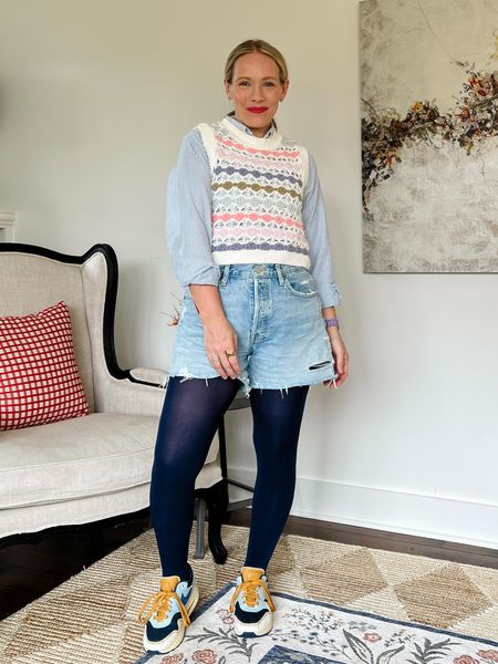 How to wear tights with shorts for Spring when it’s still cold outside - 4 outfit ideas today on CLAIRELATELY.com 

Vest, stripe button down, agolde denim Shopbop, Amazon find, Nike sneakers, 

#LTKSeasonal #LTKover40 #LTKstyletip
