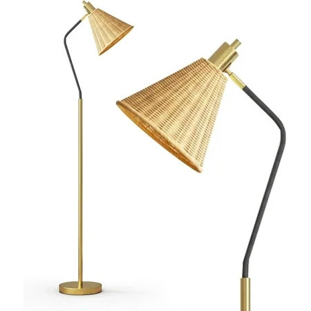 Maxax 62" Boho Rattan Floor Lamp for Living Room, Farmhouse Arc Standing Lamp with Adjustable Head, Brass Gold Floor Lamp with Rattan Shade for Bedroom Office | Walmart (US)