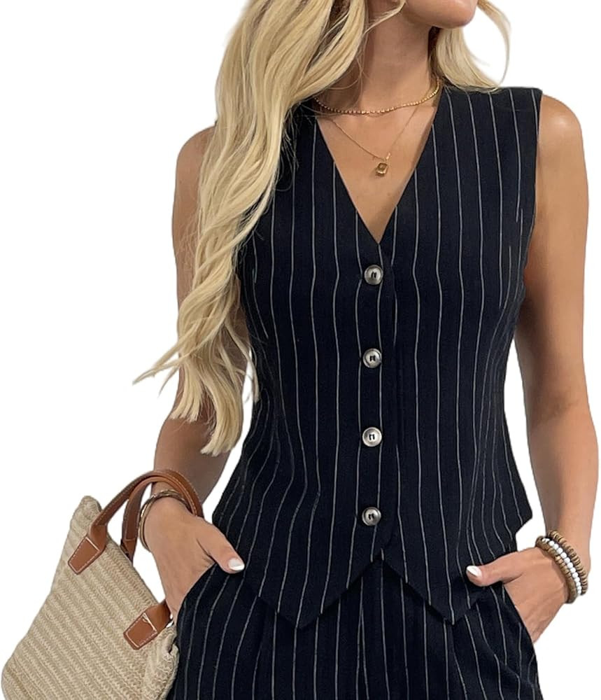 heipeiwa Women's Cotton Linen Vest Button Down Sleeveless V Neck Tank Tops Waistcoat Jacket | Amazon (US)