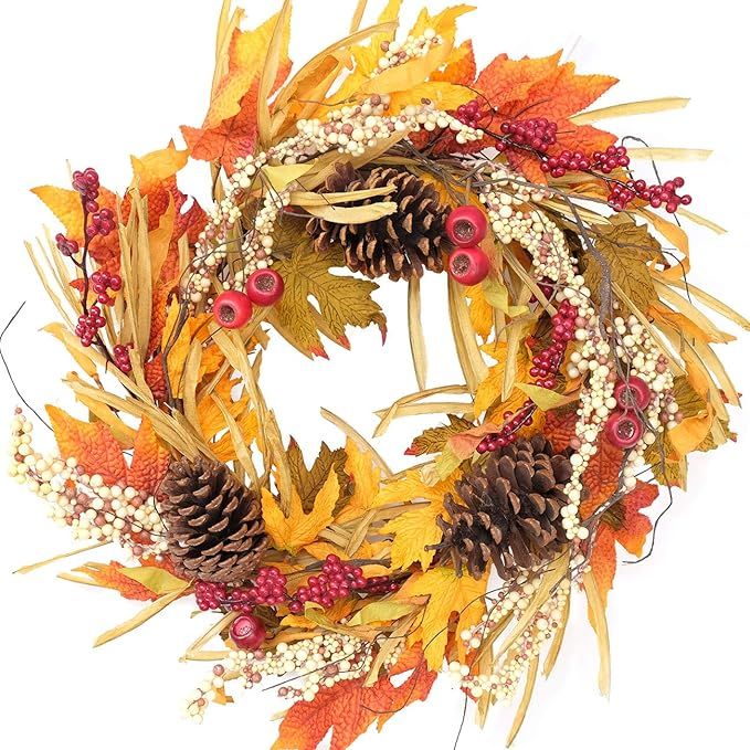 idyllic Artificial Pine Cone Wreath Autumn Wreath with Green and Yellow Leaves Flower Wreath for ... | Amazon (US)