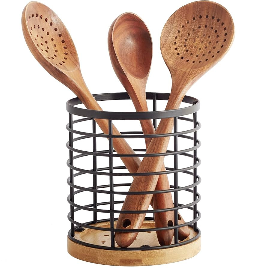 Utensil holder for Kitchen Counter - 5.2" x 5.2" x 6" Large Round with Wooden Base Matte Black Co... | Amazon (US)