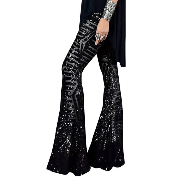 Arainlo Black Flared Pants Leggings Wide Leg for Women High Waist Sequin Sparkle Flared Pants Bel... | Walmart (US)