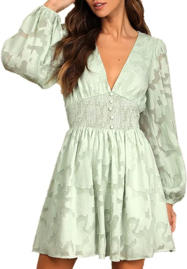 Eteviolet Women's V Neck Long Sleeve Mini Dress Smocked High Waist Floral Dress | Amazon (US)