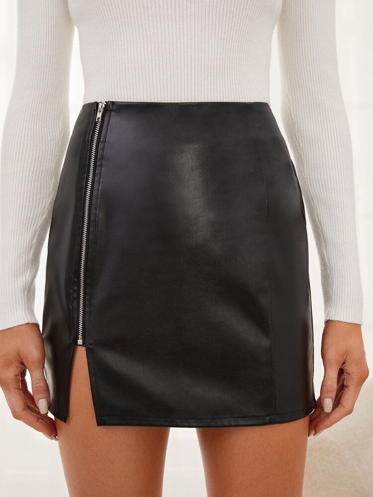 SHEIN Zipper Detail PU Skirt | SHEIN