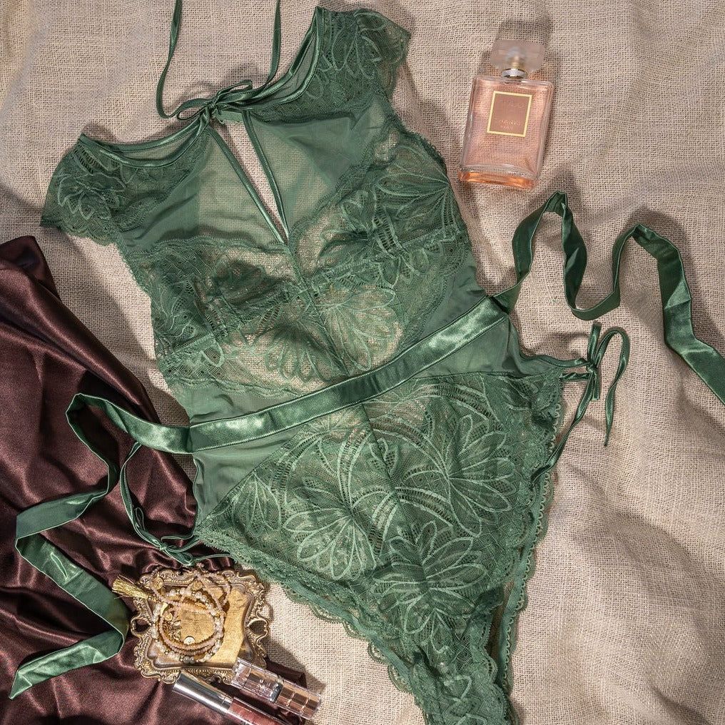 Lace & Mesh High Neck Teddy - Sage | Mentionables