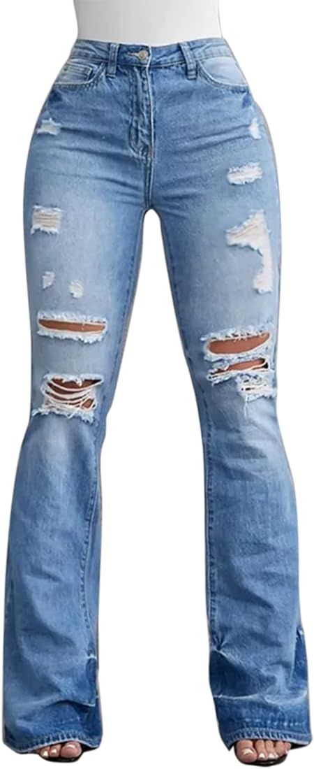 Flamingals Jeans for Women 90s Vintage Sexy Ripped Mid Waist Bell Bottom | Amazon (US)