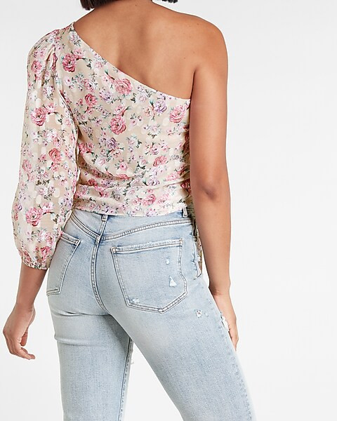 Floral One Shoulder Puff Sleeve Tie Waist Top | Express