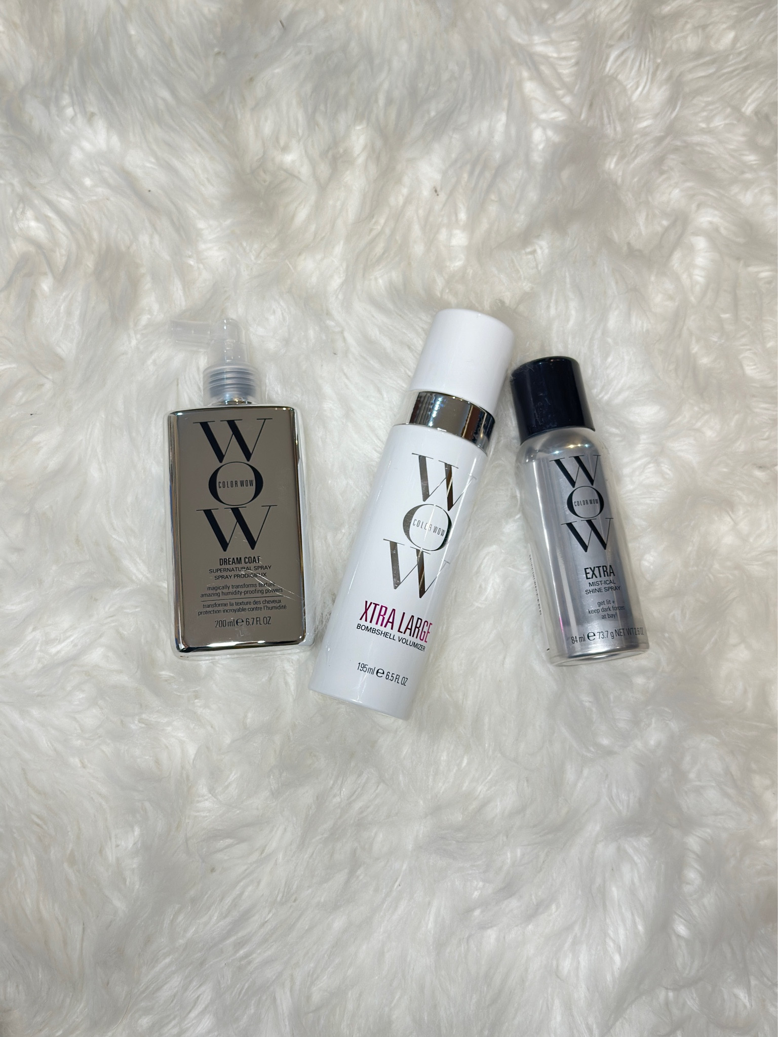 Color wow products that I got from Walmart on sale!!! I highly recommend the dream coat!!! The mist-ical spray smells 🤮 but it will get the job done in place of the dream coat. The dream coat has to be done one wet hair and worked thru with a brush where as the spray can be put on dry hair. 
