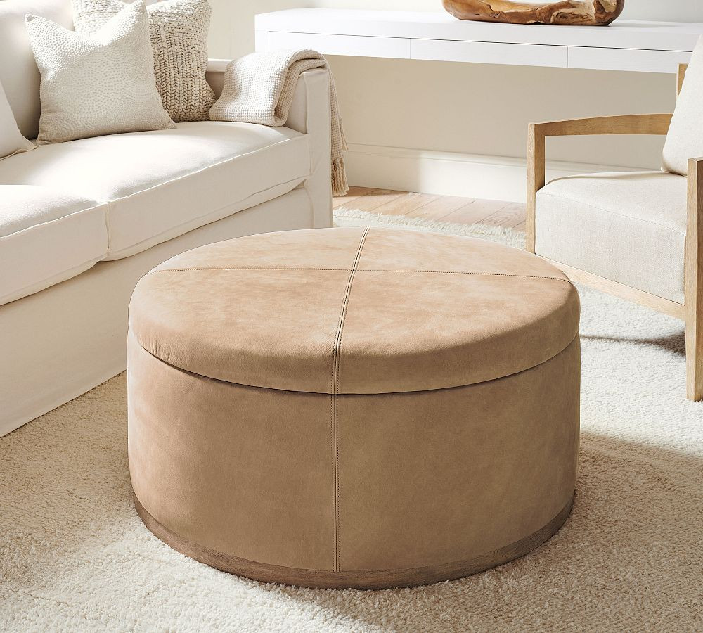 Lawton Round Leather Storage Ottoman | Pottery Barn (US)