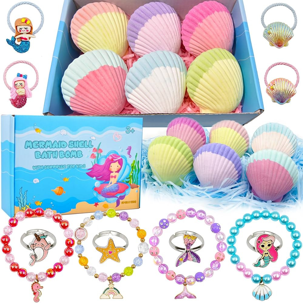 Mermaid Bath Bombs for Kids Girls with Surprise Inside, 6 Pcs Natural Fizzy Princess Fun Shell Bu... | Amazon (US)