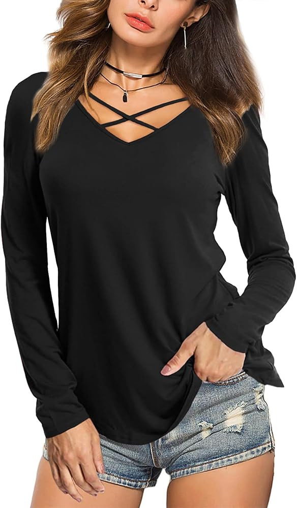 Amoretu Womens Tops Casual V Neck Short/Long Sleeve Criss Cross T-Shirt Summer Blouse | Amazon (US)