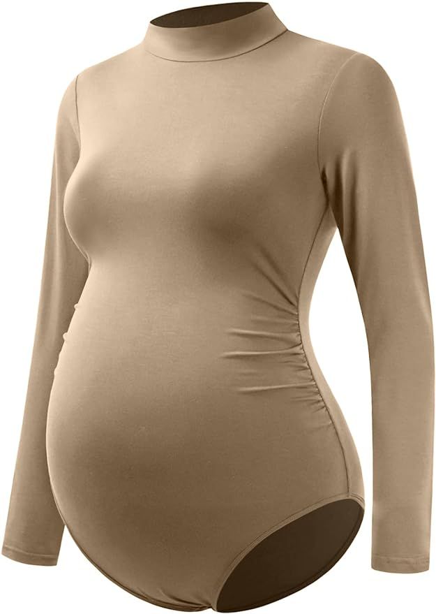 Bhome Maternity Shirt Mock Neck Long Sleeve Bodysuit for Pregnant Photoshoot | Amazon (US)