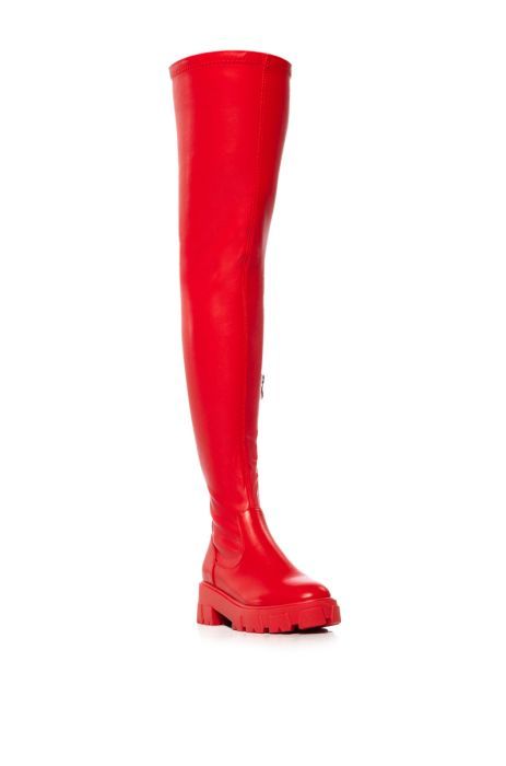 AZALEA WANG LATE NIGHTS OVER THE KNEE FLATFORM BOOT WITH 4 WAY STRETCH IN RED | AKIRA