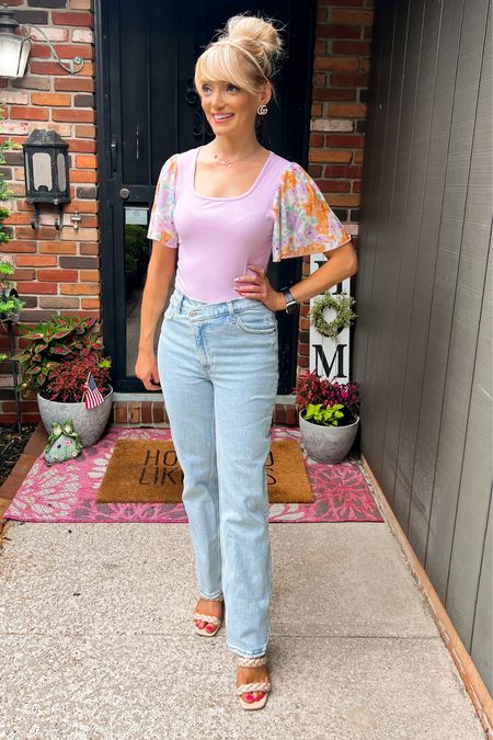 Floral flutter sleeve top only $25.99 - summer top - summer style - summer outfit - casual style - Abercrombie & Fitch jeans - braided heel sandals - Amazon fashion - Amazon finds 

#LTKSeasonal #LTKstyletip #LTKunder50