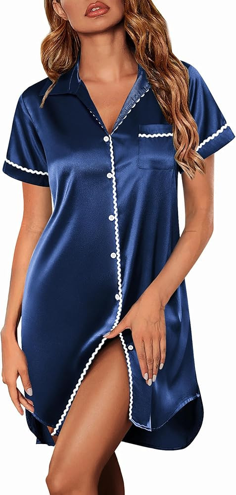 Ekouaer Satin Nightgowns for Women Button Down Nightshirts Silk Sleepshirts Short Sleeve Boyfrien... | Amazon (US)