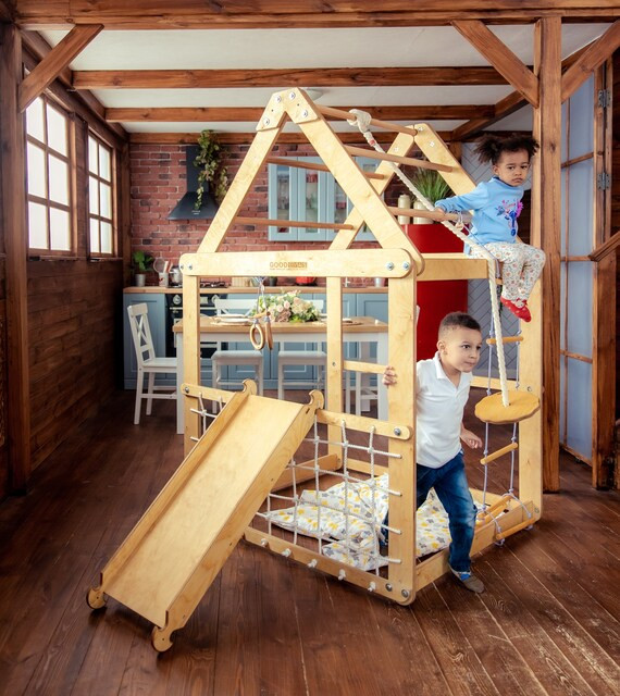 Indoor Playground for Kids - Wooden Climbing Gym Include Ladder, Slide and Swing Set - Climber fo... | Etsy (US)