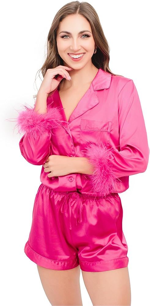 Belle's Design Women's Feather Trim Silk Satin Pajama Set With Shorts Button Down 2 pieces Lounge... | Amazon (US)