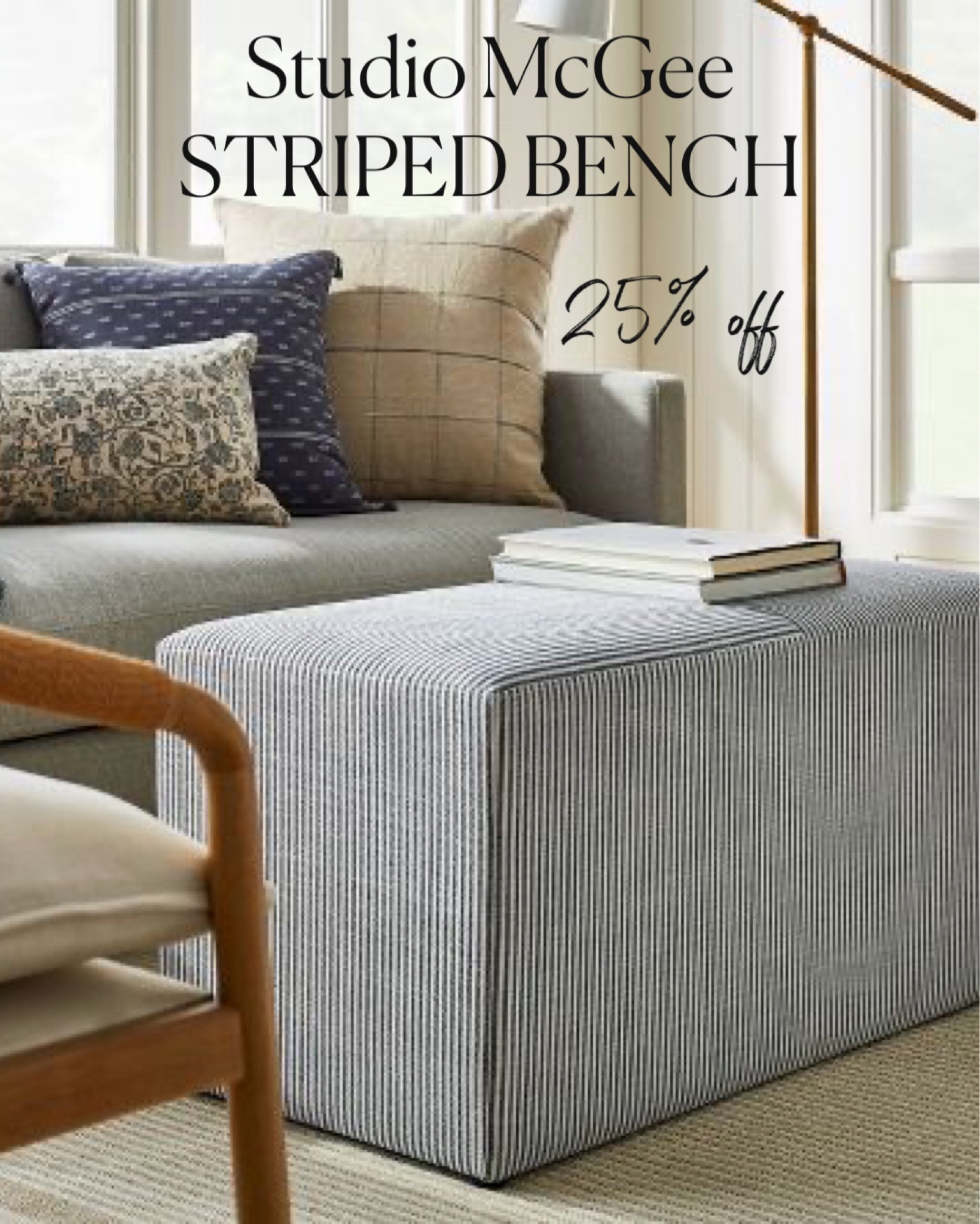 Studio McGee home x Target Threshold navy striped ticking bench, upholstered ottoman, fabric cube bench on sale, farmhouse modern, transitional style, coastal, beach house, decor tips

#LTKhome #LTKSale #LTKsalealert