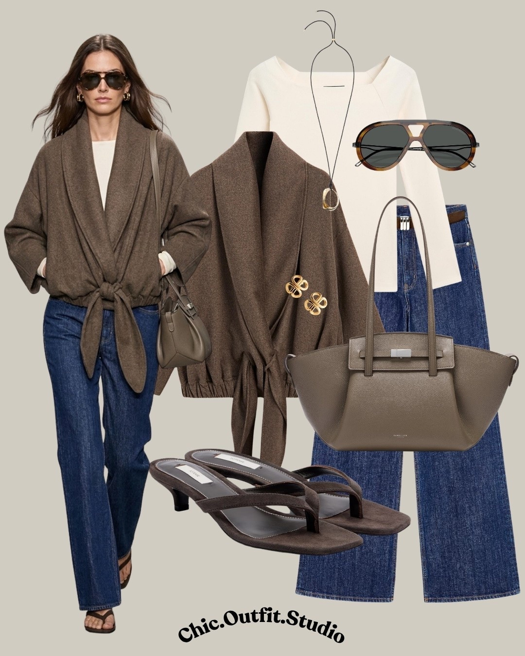 Wrap-Style Melange Wool Blend Jacket & Denim | Effortless Chic Outfit

✨A brown wrap-style melange wool blend jacket paired with a soft ivory top and relaxed blue jeans is the perfect balance of cozy and polished for transitional weather. The neutral layering piece adds warmth and sophistication, while brown leather accessories, a structured taupe handbag, statement sunglasses, and minimal heeled sandals keep the outfit elevated. 

✨Wear this versatile combination for casual dinners, weekend brunches, travel, date nights, or relaxed days in the city.

✨Tags: chocolate brown jacket outfit, wrap style wool jacket, melange wool blend jacket, brown wrap jacket outfit, wool blend jacket women, brown jacket blue jeans outfit, blue jeans outfit women, ivory top jeans outfit, transitional weather outfit, fall outfit women, spring outfit women, elevated denim outfit, casual chic outfit women, European fashion outfit, minimalist chic outfit, effortless style women, weekend outfit women, date night casual outfit, brown accessories outfit

#LTKautumn #LTKbag #LTKstyletip