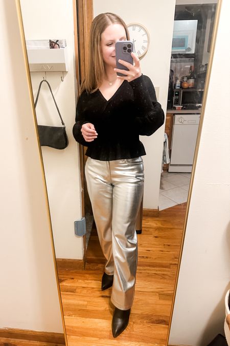 Great date night outfit!

Express black sweater
Silver Abercrombie Curve Love 90s Relaxed Pant - 26 Short 
Black booties - TTS

#LTKSeasonal #LTKfindsunder100 #LTKstyletip