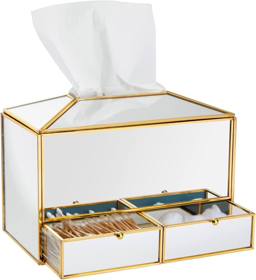Mirrored Gold Tissue Box Cover with 2 Drawer Compartments, Rectangular Decorative Tissue Box Hold... | Amazon (US)