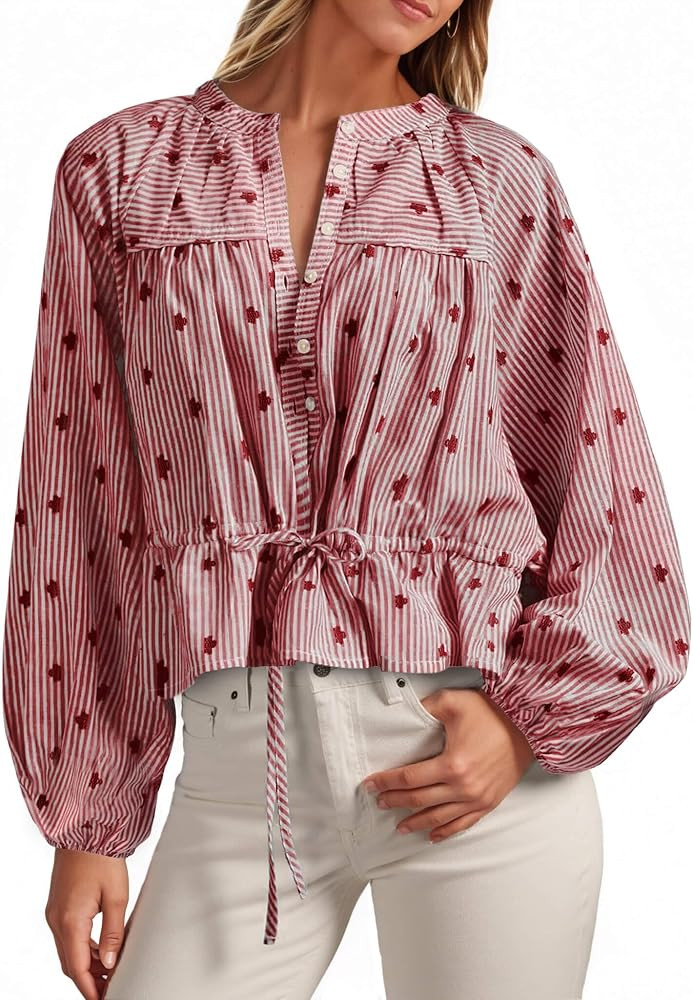 Tankaneo Womens Striped Cropped Button Down Shirts Puff Long Sleeve Peplum Tops Drawstring Waist ... | Amazon (US)