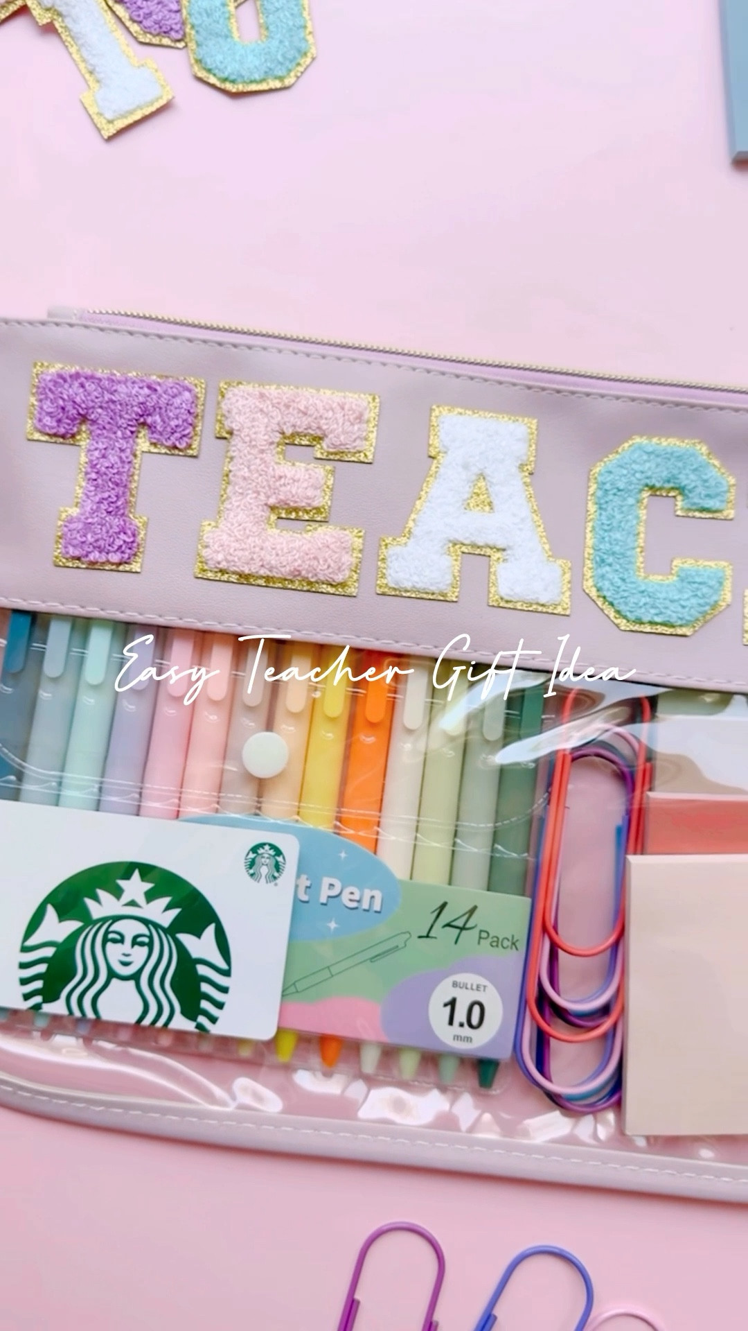 Easy + affordable teacher gift idea you can grab on Amazon 🎀✨

I put together this cute teacher appreciation gift pouch with all the essentials—perfect for end of year teacher gifts, teacher appreciation week, or back to school gifts!

Inside:
✏️ pastel aesthetic gel pens
📎 colorful jumbo paper clips
🗒️ mini sticky notes
🎁 gift card holder (hello coffee runs ☕️)
💖 personalized “TEACH” pouch for the cutest touch

This is such a simple DIY teacher gift basket alternative that still feels thoughtful, useful, and put together in minutes 🙌
Everything is linked from Amazon in my LTK—perfect if you need a last-minute teacher gift that looks anything but last minute!

#LTKKids #LTKmomlife #LTKSeasonal