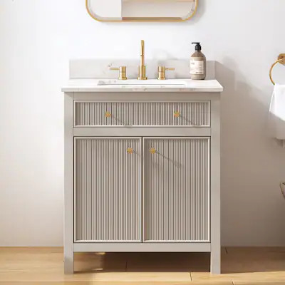 allen + roth Sandbanks 30-in Flaxen Greige Undermount Single Sink Bathroom Vanity with White Engi... | Lowe's