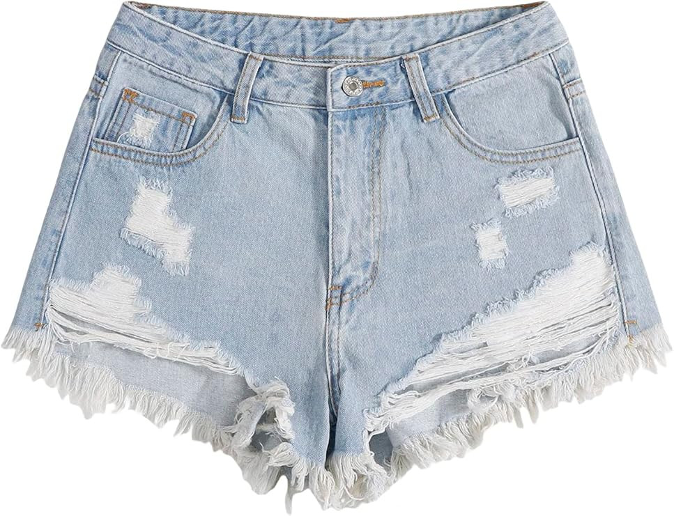 SweatyRocks Women's High Rise Zip Up Ripped Raw Hem Denim Jean Shorts with Pocket | Amazon (US)
