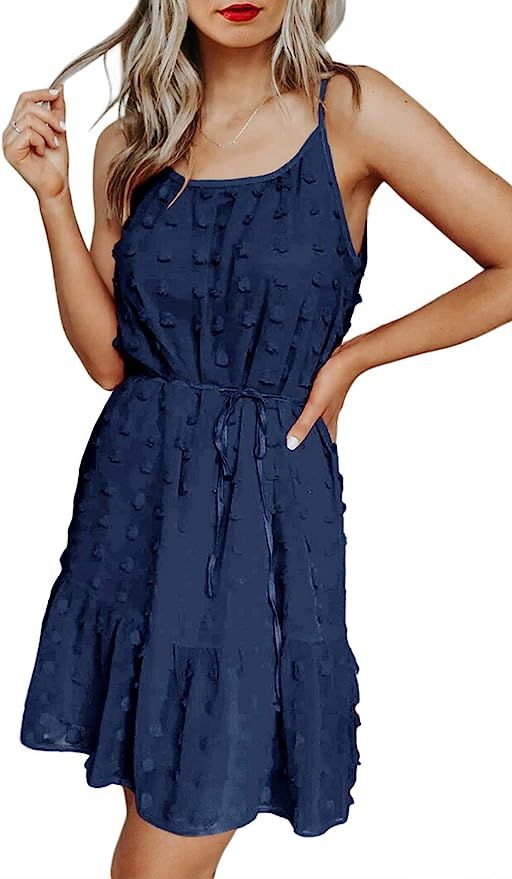 CILKOO Women Summer Spaghetti Strap Button Down V Neck Sleeveless Casual Mini Dress | Amazon (US)