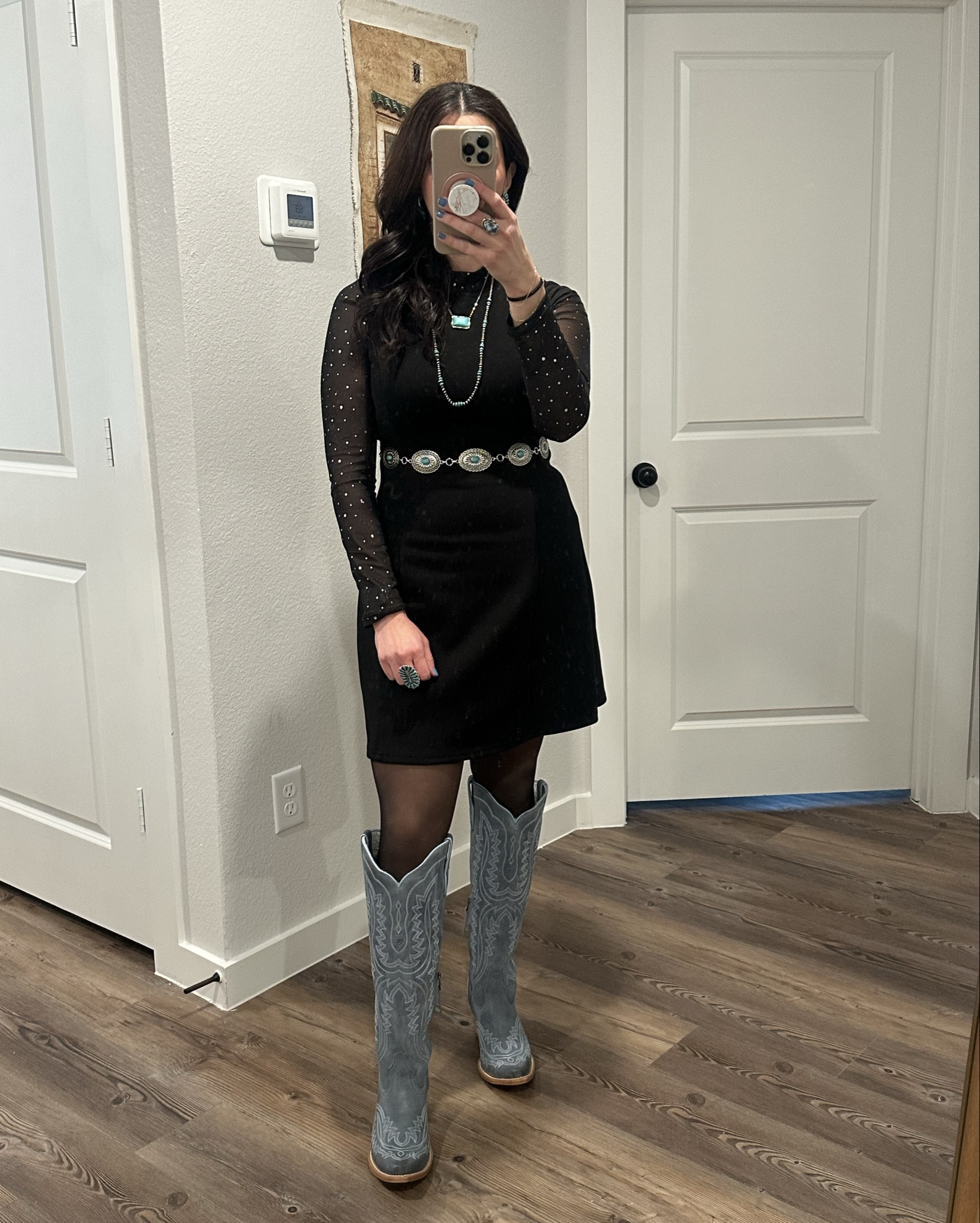 Didn’t get to go to the NFR but I did get to wear a fun outfit to the Dustin Lynch concert at Billy Bobs last night! Western fashion and country vibes meet a little bit of disco lol. This is the perfect little black dress that can be worn so many ways. I wore it to a wedding back in September as well! Most of my turquoise  is from a jeweler in NM so linked some similar and more affordable options from Amazon. LBD #westernfashion 

#LTKSeasonal #LTKootd #LTKMidsize