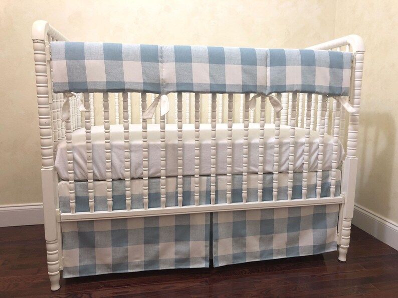 Blue Buffalo Plaid Crib Bedding Set - Boy Baby Bedding, Light Blue Buffalo Plaid,  Crib Rail Cove... | Etsy (US)