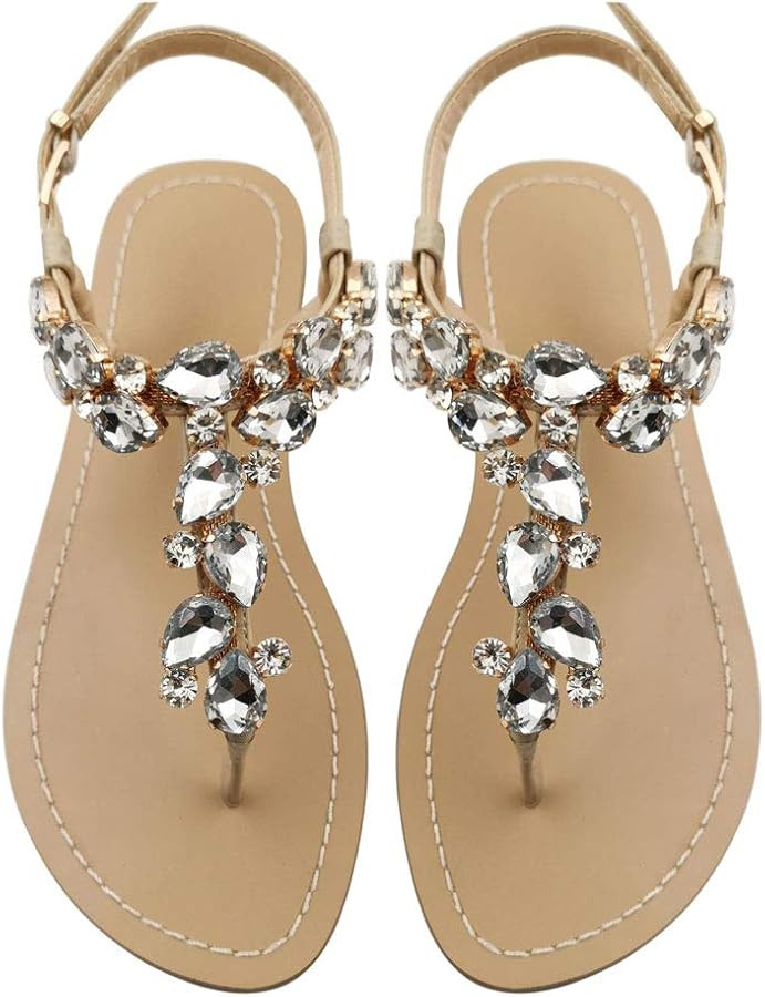 AIJIVOU Women's Rhinestone Flat Sandals, Women Flip Flops with Clip Toe RingBeadeed Rhinestone Cr... | Amazon (US)