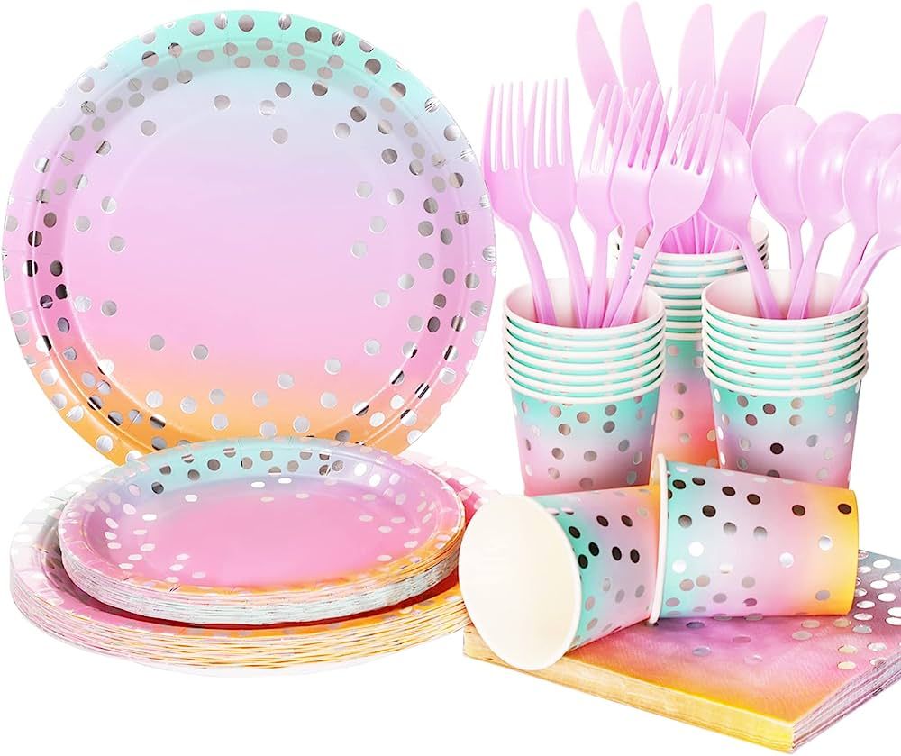LOOWVY Pastel Party Supplies Rainbow Birthday Party Paper Plates and Napkins Sets Disposable Silv... | Amazon (US)
